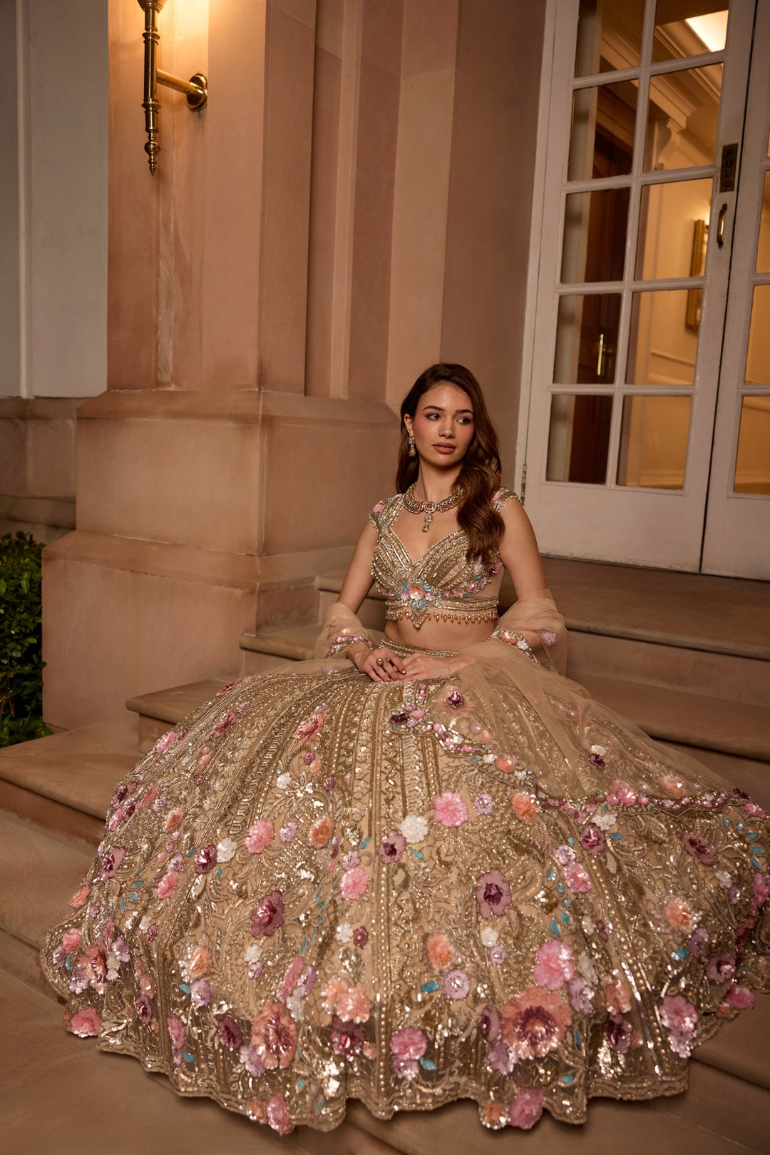 GOLD MULTICOLOUR 3D EMBROIDERED ZINNIA LEHENGA SET