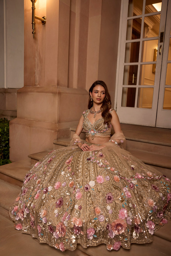GOLD MULTICOLOUR 3D EMBROIDERED ZINNIA LEHENGA SET