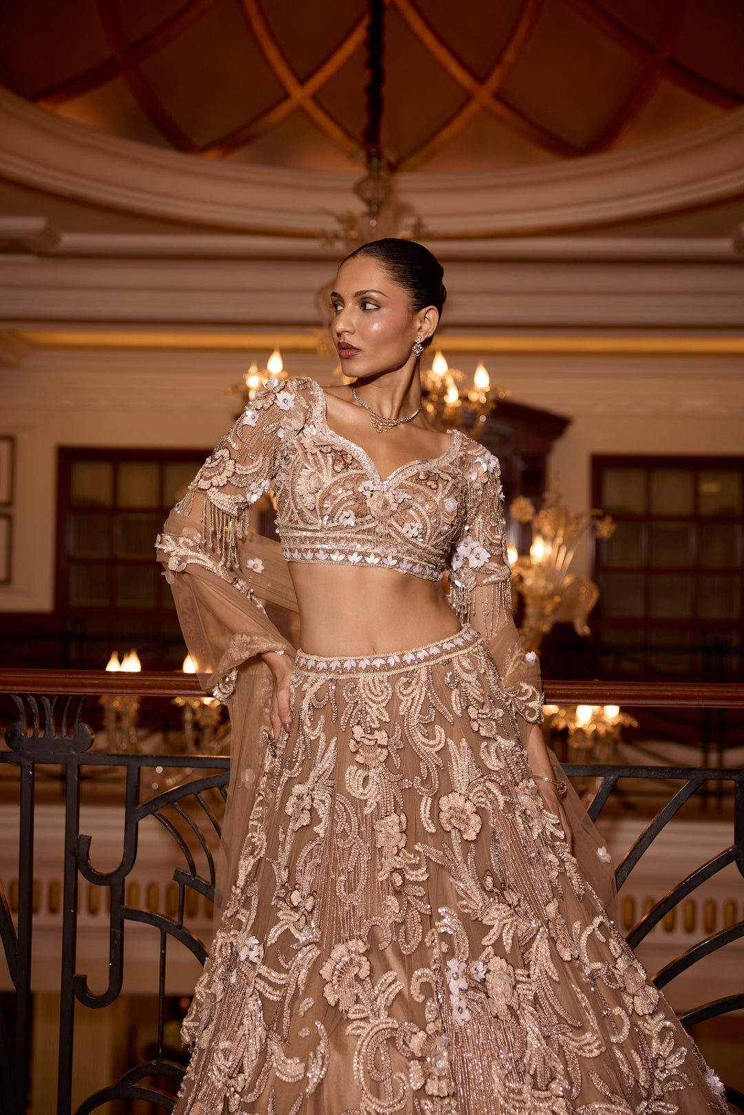 SOFT GOLD CAMELLIA 3D EMBROIDERED LEHENGA SET