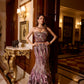 Contemporary cocktail fishcut lehenga with corset in metallic plum with sequins and silver highlights