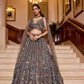 Grey and silver sequin bridal lehenga with floral embroidery, styled with sheer dupatta – Opus Atelier couture
