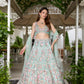 Seafoam green multicolour floral embroidered lehenga set with blouse and dupatta by Opus Atelier, perfect for modern brides and cocktail weddings