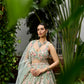 Modern couture lehenga with pastel tones, 3D flowers and elegant dupatta
