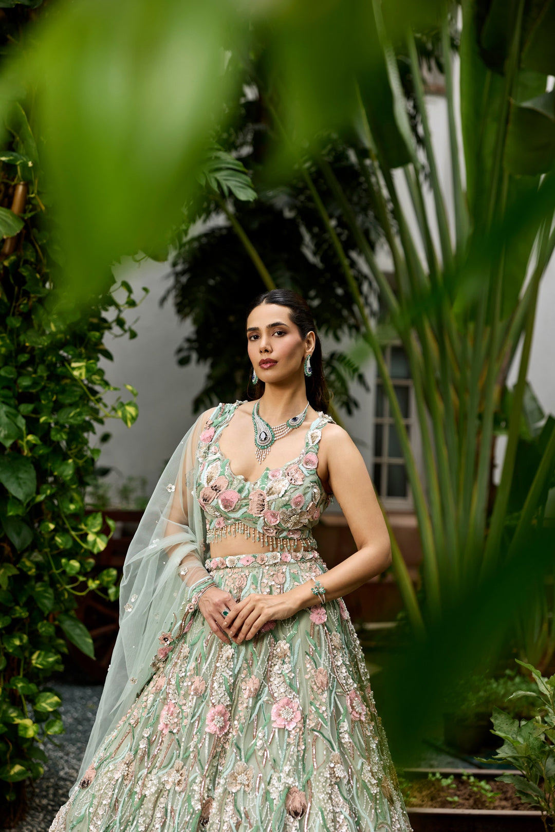 Modern couture lehenga with pastel tones, 3D flowers and elegant dupatta