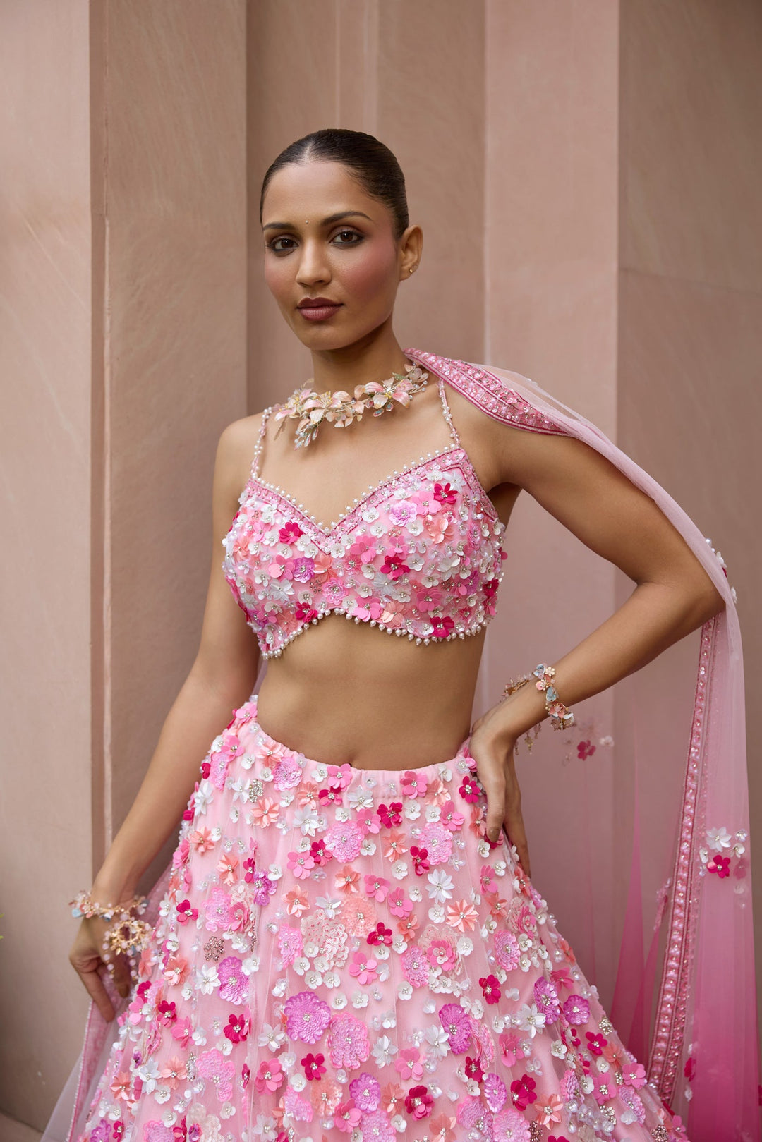 Rosé pink ombre floral embroidered lehenga set with intricate 3D embellishments and blouse by Opus Atelier, ideal for modern brides and sangeet weddings and carnival function lehenga