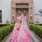 Rosé pink ombre floral embroidered lehenga set with intricate 3D embellishments and blouse by Opus Atelier, ideal for modern brides and sangeet weddings and carnival function lehenga