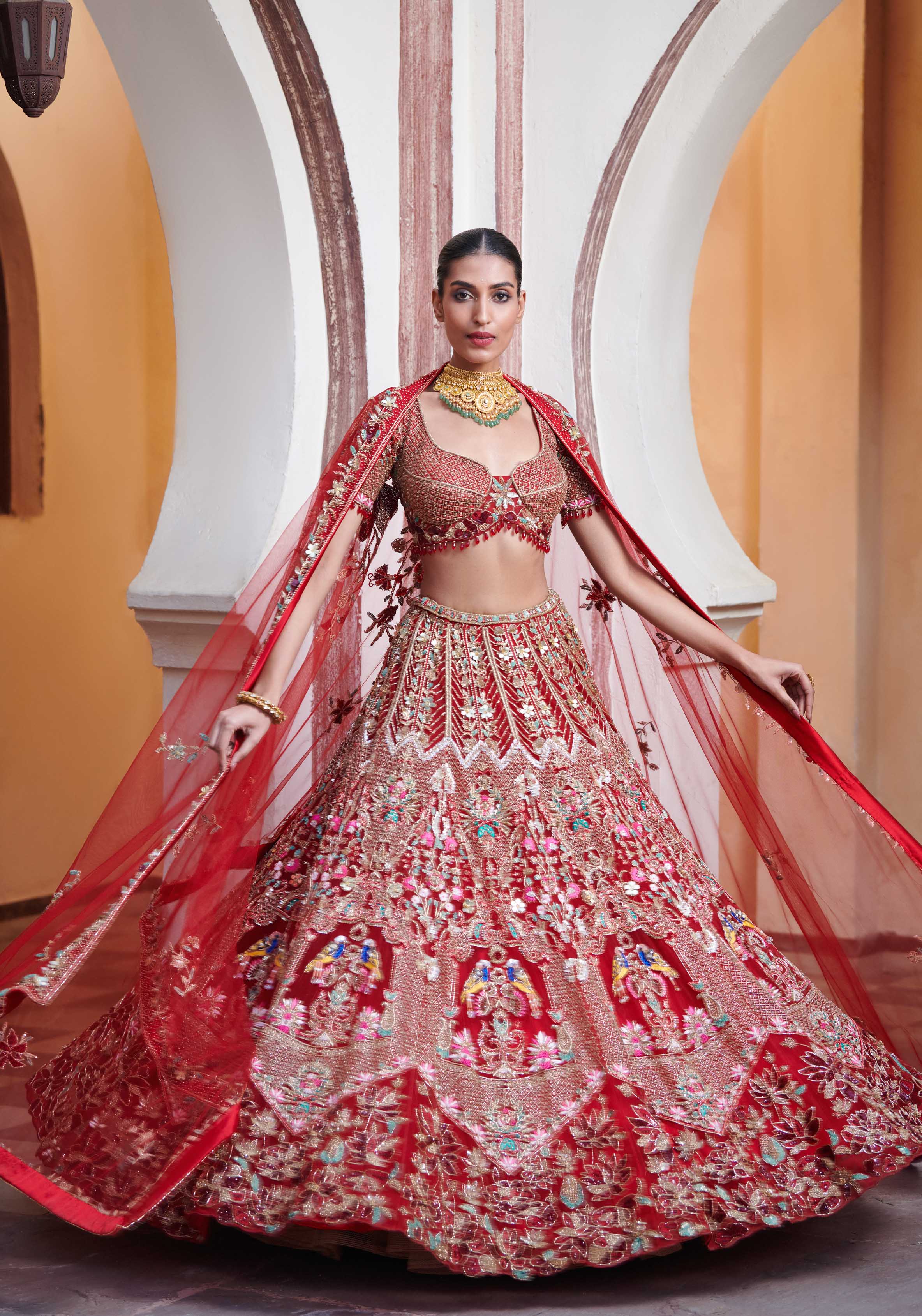 Red silk embroidered bridal lehenga choli 912A